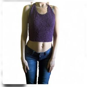 Vintage Express bohemian plum purple knit halter backless summer vacation top XS